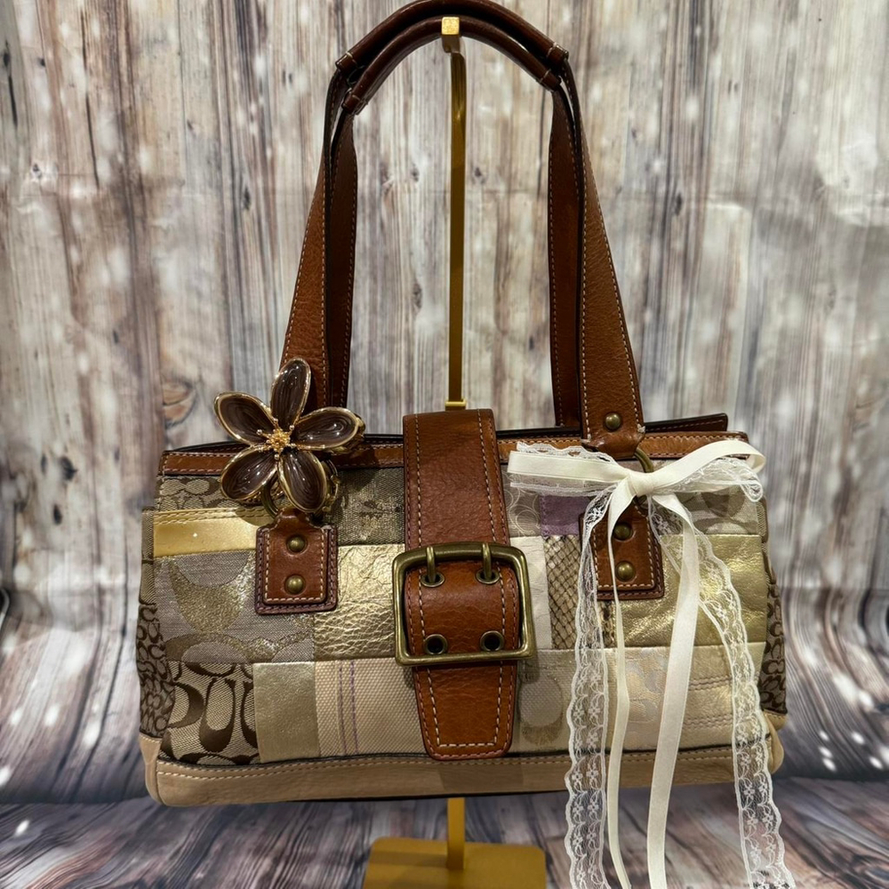 Coach Patchwork Signature Suede Satchel Tote Bag
